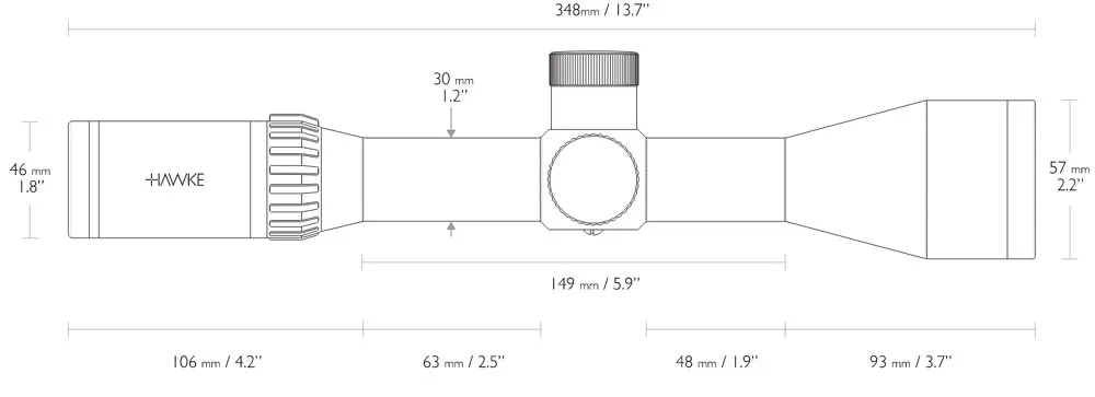 Hawke Airmax Zielfernrohr 30 WA SF 4-16x50 AMX IR Leuchtabsehen - 1/10 MRAD 13311 Abmessungen